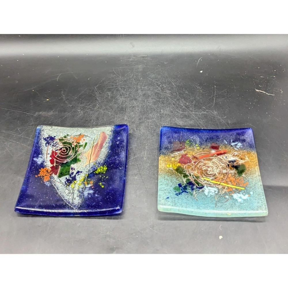 Lot/2 Decorative Fused Glass Trinket Change Dish Handmade 4.5"